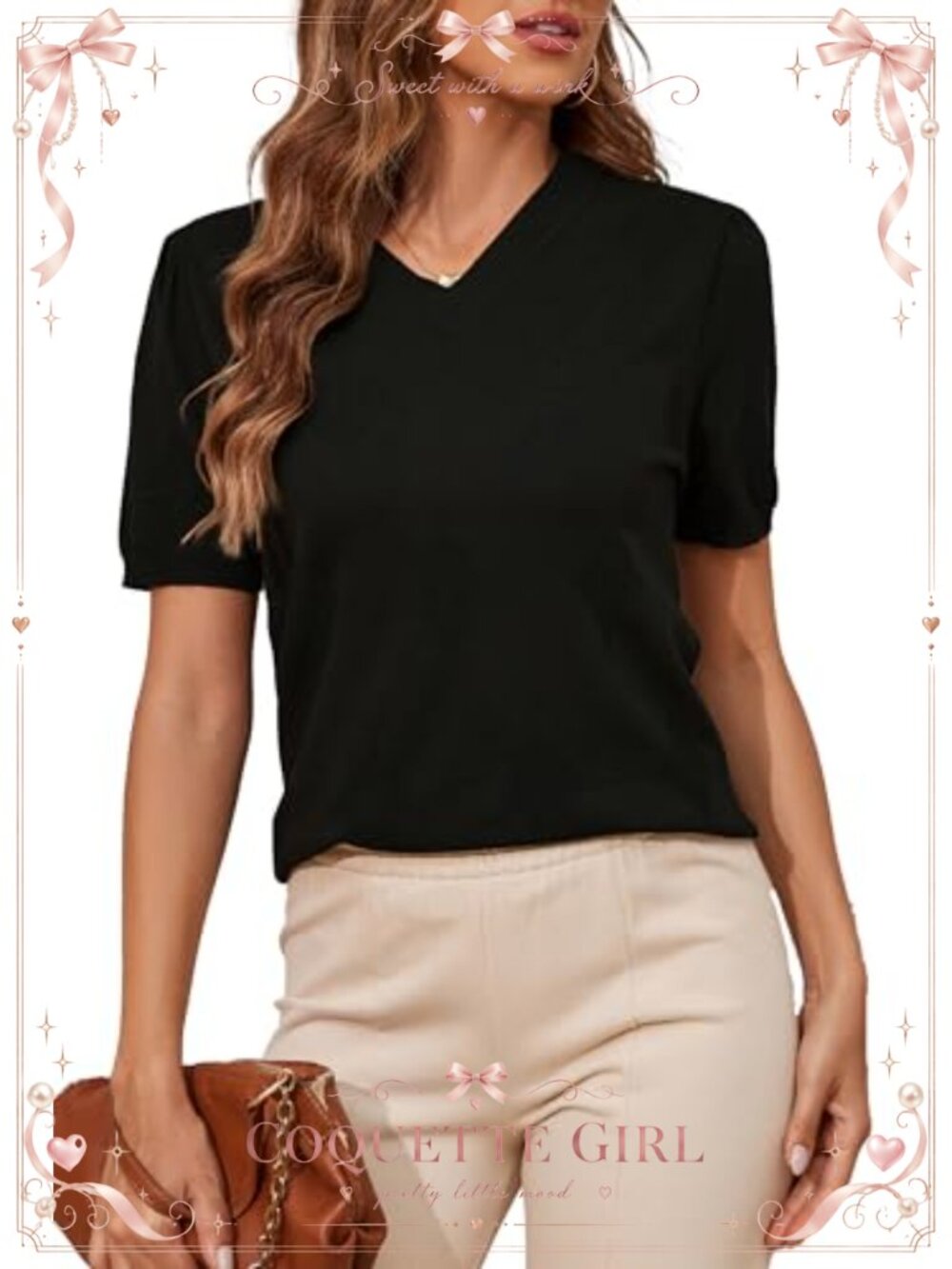 V-Neck Puff Short Sleeve Sweater Rib Knit Pullover Casual Top